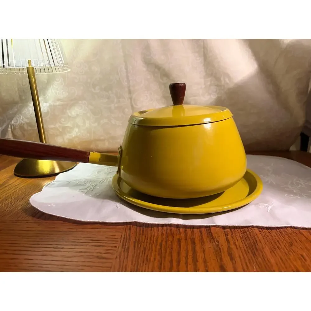 Vintage 1970s Mustard Yellow Enamel Fondue Pot with wood handle and drip tray